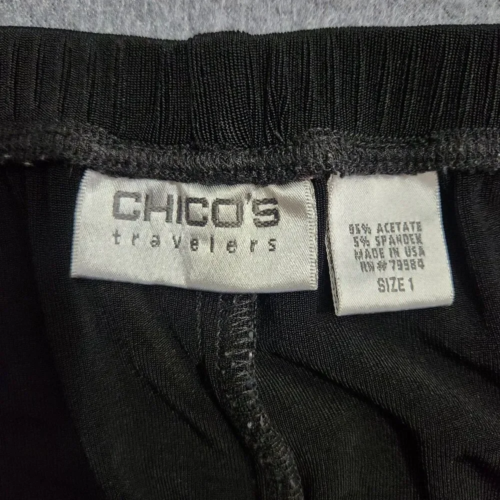 Chico's Travelers Pants Women 1 US 8 Black High Rise Slinky Knit Fringe Hem